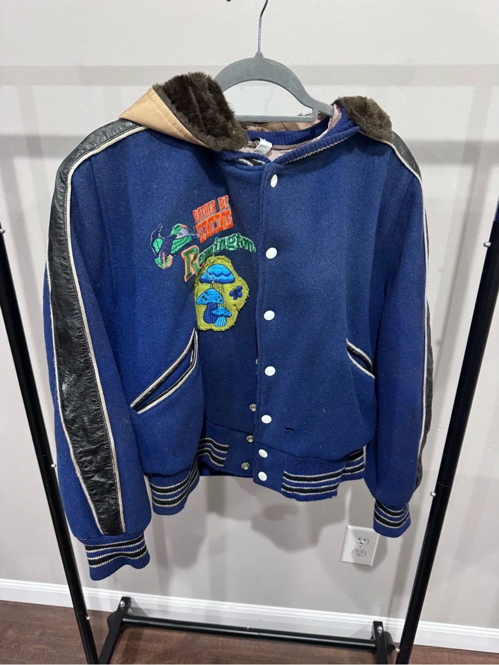 Vintage Navy Blue Wool Letterman Jacket with Patchwork